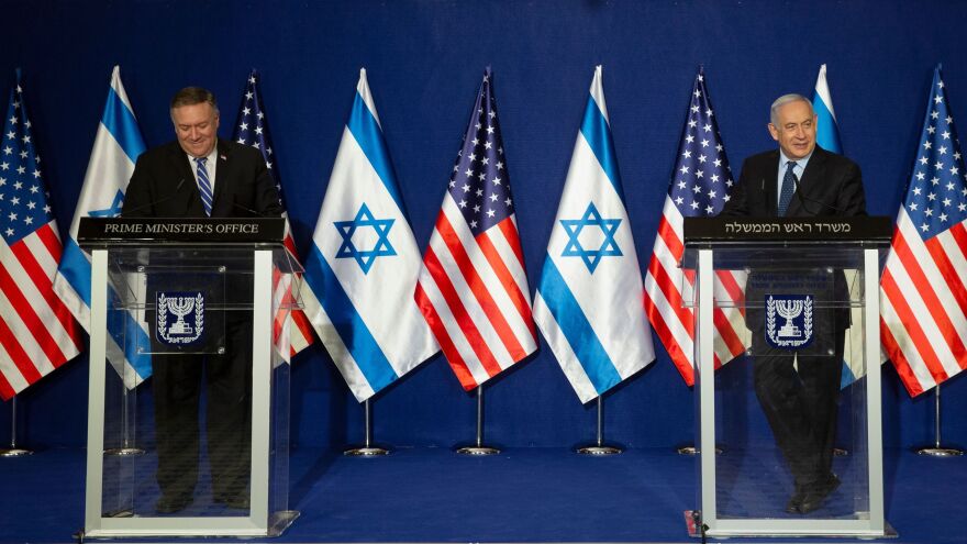 US Secretary of State Mike Pompeo and Israeli Prime Minister Benjamin Netanyahu deliver a joint statement after meeting Thursday in Jerusalem.