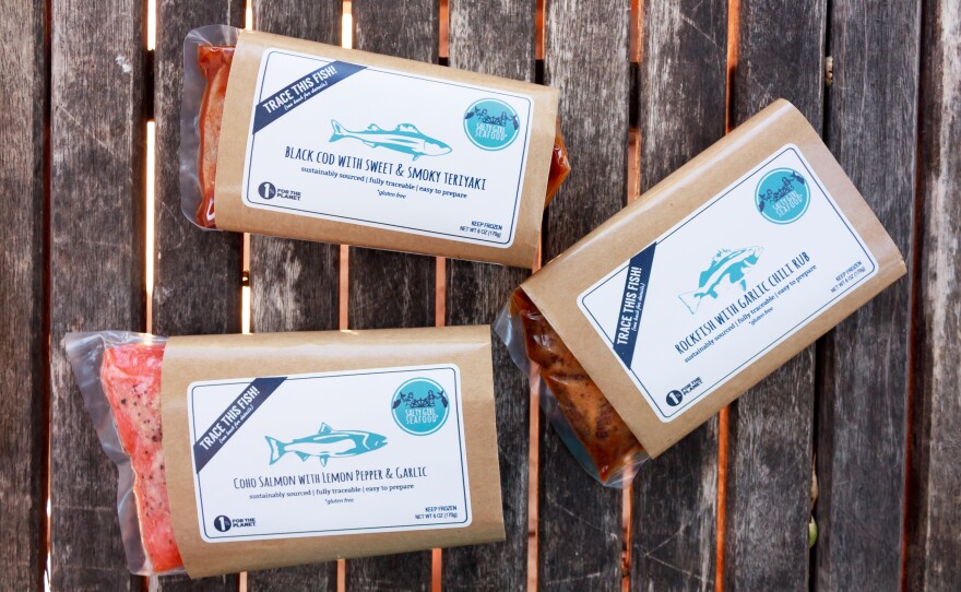 Packaging for some of Salty Girl's marinated, ready-to-cook fish. The company sources its fish directly from California fishermen. Customers can <a href="http://www.saltygirlseafood.com/your-fish/">go online</a> to find out more about where their fish came from, who caught it and how, and other sustainability issues.