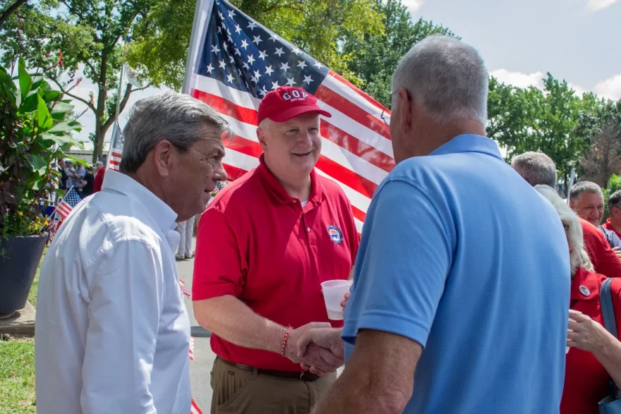 New Illinois Republican Party chair Bob Grogan talks to fellow Republicans at the Illinois State Fair on Aug. 20, 2026.