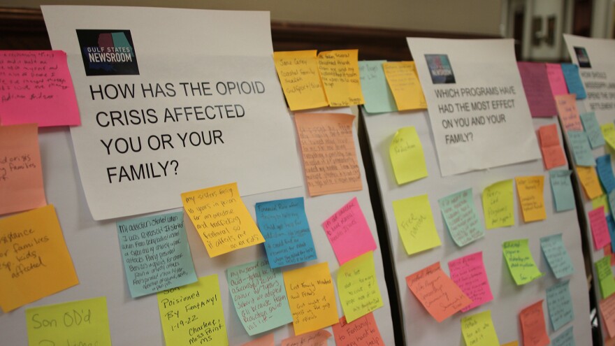 Sticky notes with handwritten comments from people with lived experience of addiction displayed by the Gulf States Newsroom at the Mississippi State Capitol in Jackson, Mississippi, on Thursday, March 12, 2026.