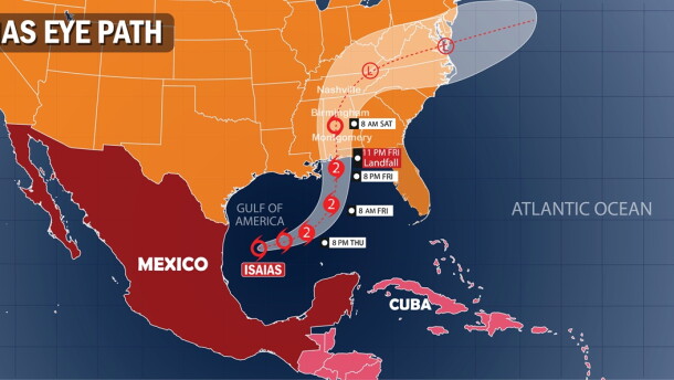 Hurricane Isaias Eye Path Forecast Map Showing Storm Track Across the Gulf and Southeastern United States