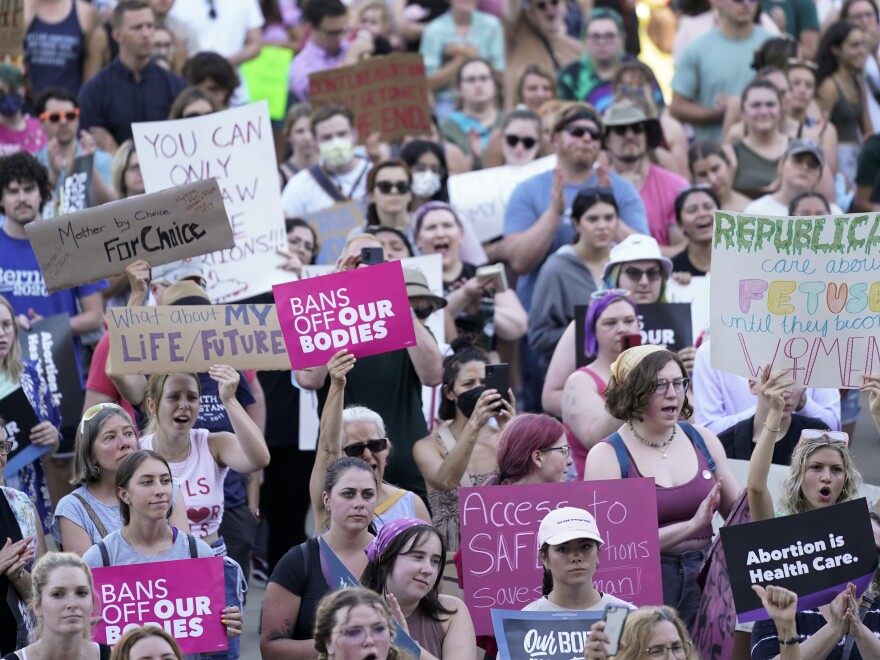 Abortion rights supporters at a rally in Lansing, Mich. after the Supreme Court overturned <em>Roe v. Wade.</em>