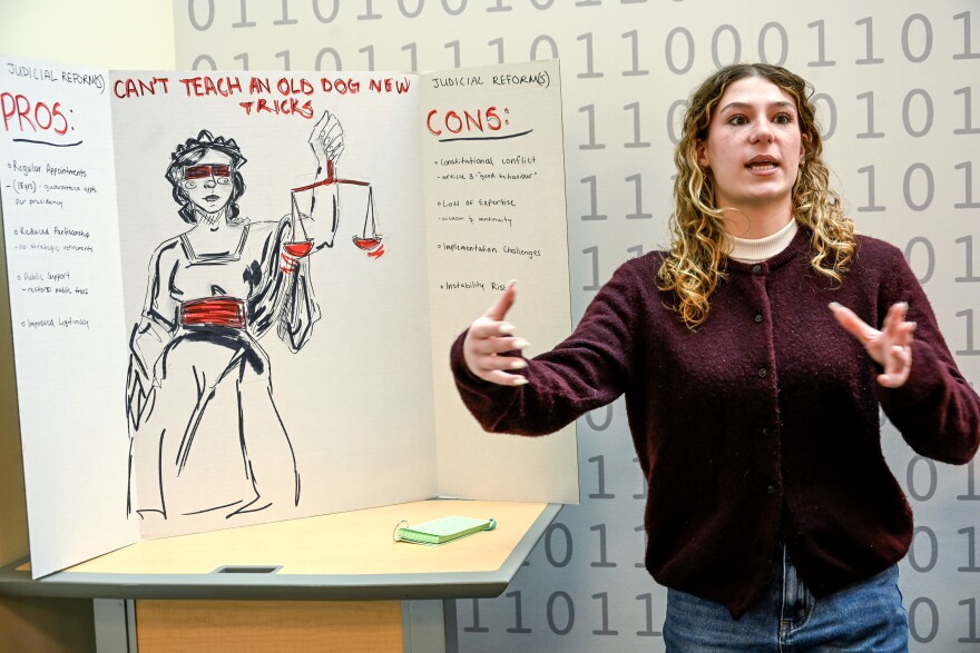 Quinnipiac University student Sasha Caracciolo presents her topic on term limits for the Supreme Court during American Constitutional Law class on December 4, 2025. Caracciolo who said she plans to pursue law school once she graduates, said she still has faith in the U.S. constitution as a check on federal power. "Taking this class showed me that there's other like minded people and like minded youth that want to make a change, make a positive change, that still want to learn about constitutional rights."