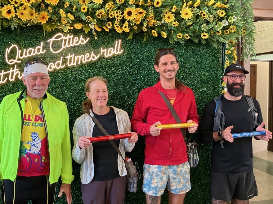 Local participants as part of the coast-to-coast relay are (L-R) Dixon Novy of DeWitt, Iowa; Jessica Alexander of Solon, Iowa; Dylan Parker of Rock Island, and Jonas Winn of Bettendorf.