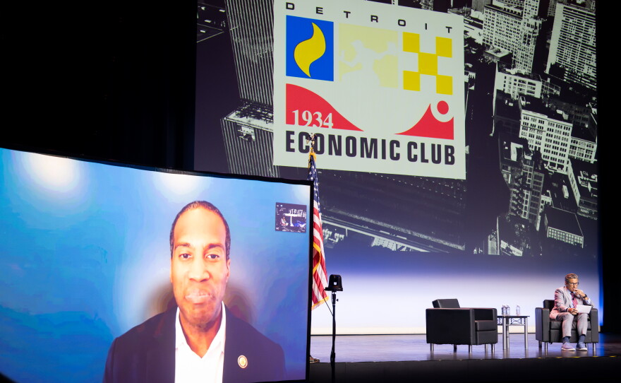 Rep. John James, the Republican candidate for governor, speaks via Zoom at the Detroit Economic Club on September 16, 2026.