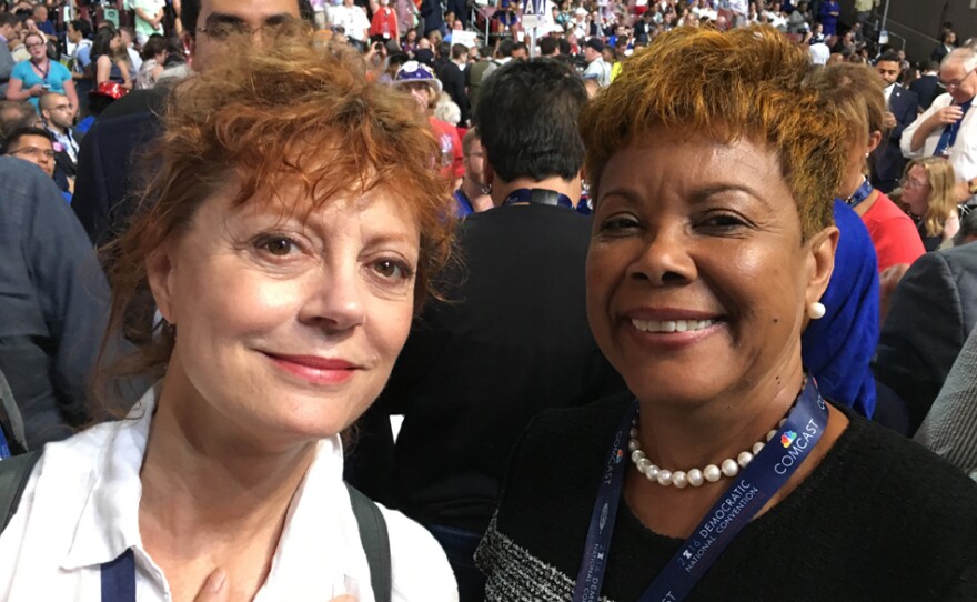 Delegate Cynthia Chestnut poses with actress Susan Sarandon on the floor of the Democratic National Convention. (Contributed photo)