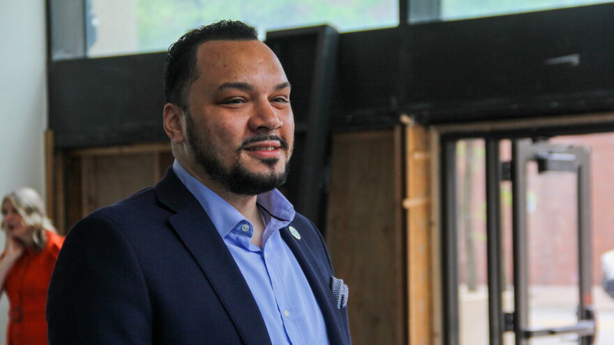 Columbus City Councilman Nick Bankston wears a shirt and blazer with a pocket square. 