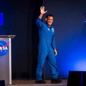 Artemis III crew member Frank Rubio waves to the crowd during a press conference at Johnson Space Center on Tuesday, June 9, 2026, in Houston. (Annie Mulligan/AP)