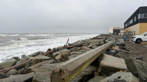 Waves batter the shoreline of Nome on Oct. 28, 2026.