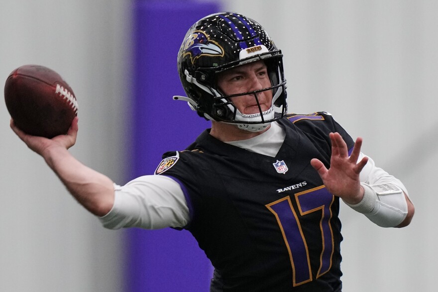 FILE - Baltimore Ravens quarterback Diego Pavia (17) works out during the team's NFL football practice, May 27, 2026, at the Under Armour Performance Center in Owings Mills, Md. (AP Photo/Stephanie Scarbrough, File)