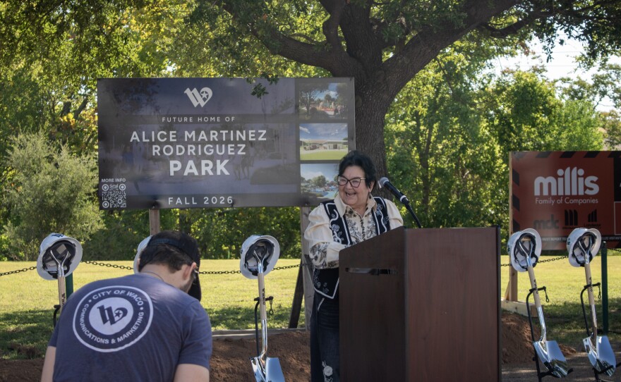 Longtime council member Alice Rodriguez speaks to a large crowd at the groundbreaking ceremony for her namesake park, Alice Martinez Rodriguez Park in South Waco. The park will honor Rodriguez's legacy on the council and the legacy of other Waco hispanic leaders.