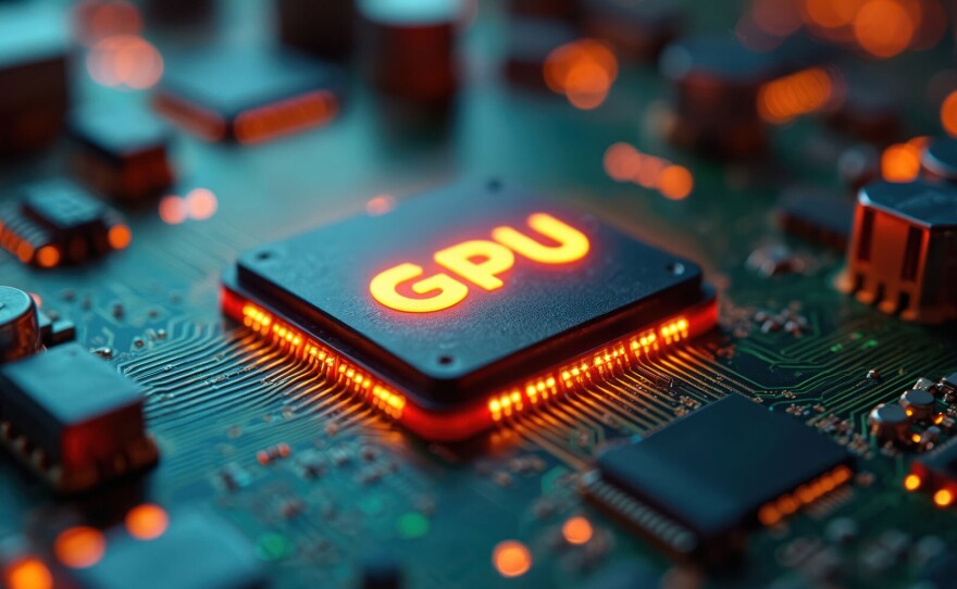 This photo shows a close-up of a glowing GPU chip on a green motherboard.