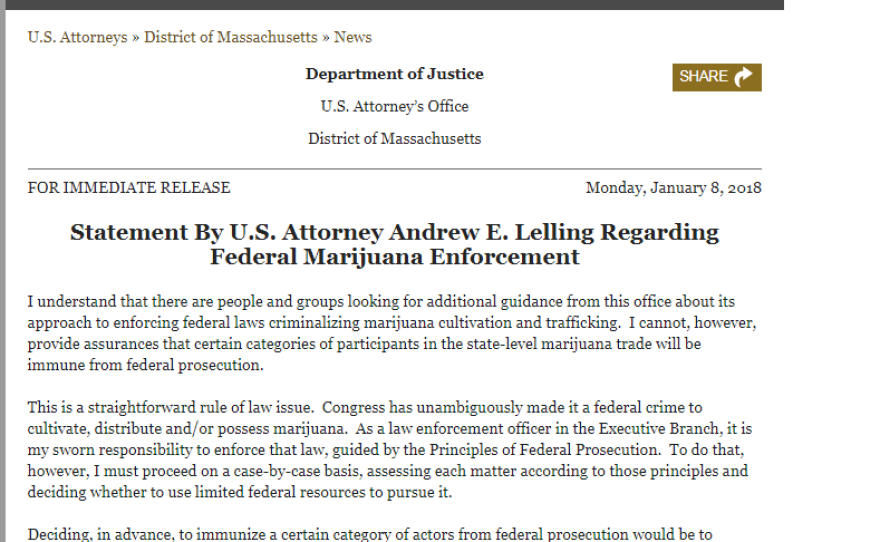 January 8, 2018, statement from U.S. Attorney Andrew Lelling regarding federal marijuana enforcement.