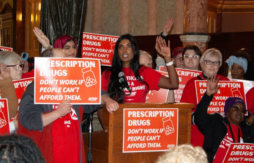 Citizen Action/Illinois Executive Director Anusha Thotakura speaks at a rally in the state capitol building on Feb. 17. Citizen Action rallied in support of legislation to establish a prescription drug affordability board.