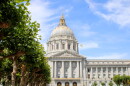 A view of the front of city hall with a few trees in the foreground and a blue sky with wispy clouds behind it. The city hall building is long and rectangular with columns in front, gold trim, and a big dome coming out of the center of it. 
