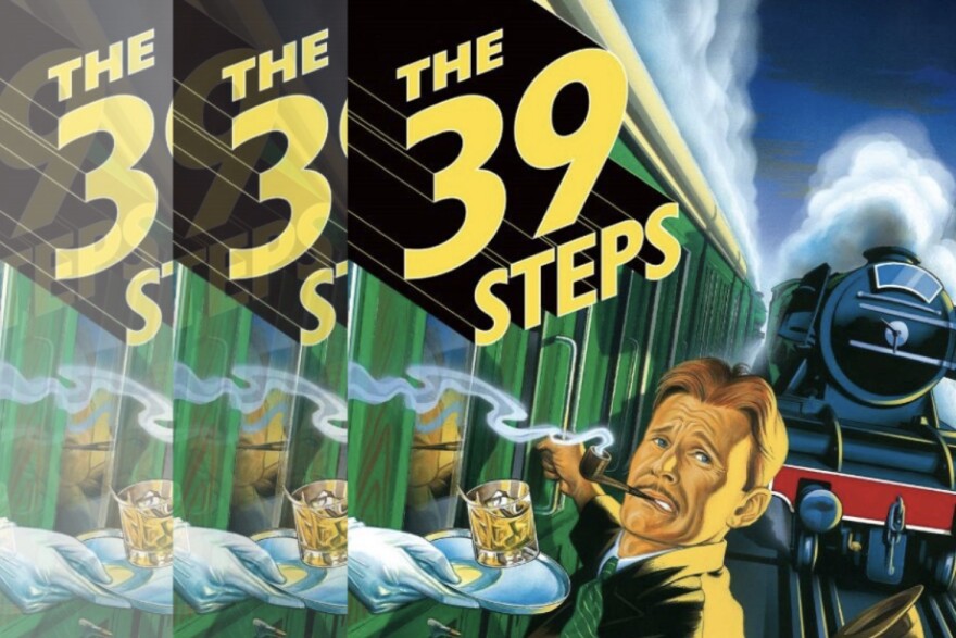 The 39 Steps show poster. A worried looking man smoking a pipe clings onto a railcar. A black steam engine veers closer in the background.