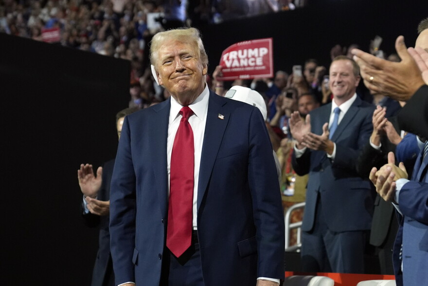 Republican presidential candidate former President Donald Trump arrives for the final day of the Republican National Convention.