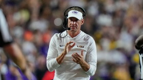 LSU head coach Lane Kiffin reacts in the first half of an NCAA college football game against Clemson, Saturday, Sept. 5, 2026 in Baton Rouge, La. (AP Photo/Gerald Herbert)