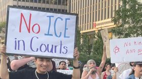 Protesters outside of Kansas City's immigration court.