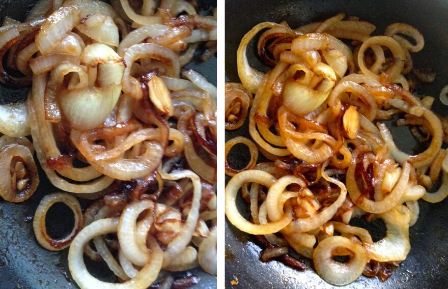Pictured from left to right, Onions in a skillet going through the cooking process of caramelization.