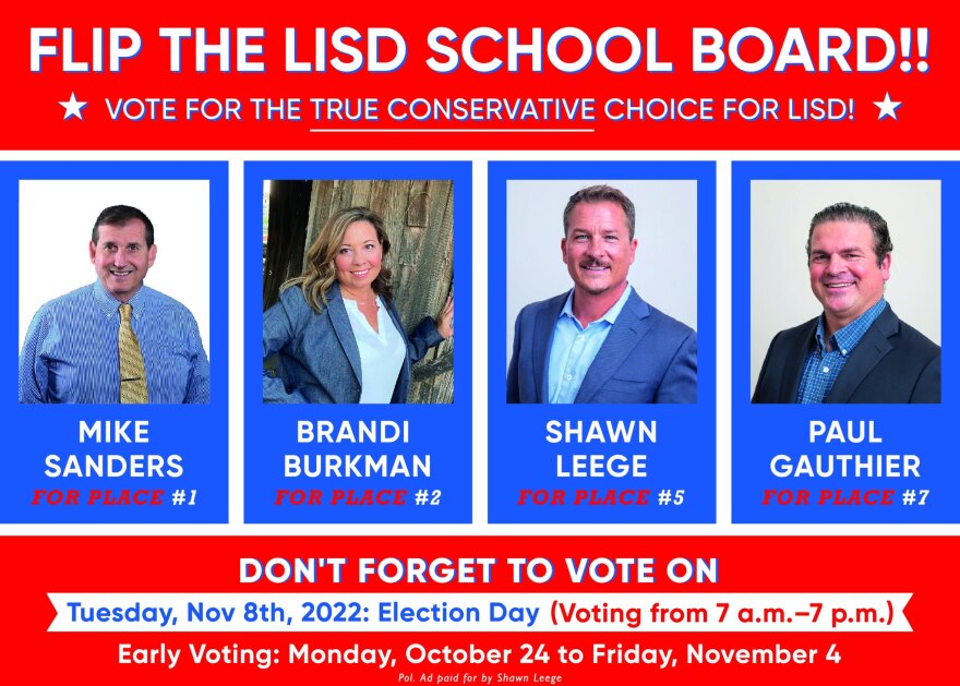 Advertisement showing a slate of four conservative Leander ISD school board candidates.