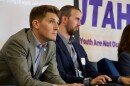 Utah state Sen. Nate Blouin, left, and tax attorney Michael Farrell speak on a panel of candidates running to represent Utah's new Democratic-leaning congressional district, March 21, 2026, in Taylorsville, Utah.