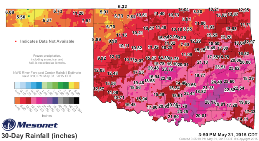 30-day rainfall totals from Oklahoma Mesonet stations as of May 31, 2015.