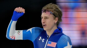 Jordan Stolz of the U.S. reacts after the men's 1,000 meters speedskating race at the 2026 Winter Olympics, in Milan, Italy, Wednesday, Feb. 11, 2026.
