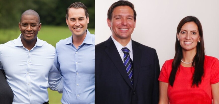 Florida Gov. candidates with their running mates [from left to right]: Tallahassee Mayor Andrew Gillum, a Democrat, chose Orlando Businessman and former rival Chris King, while Fla. Congressman Ron DeSantis, a Republican, chose state Rep. Jeanette Nunez.