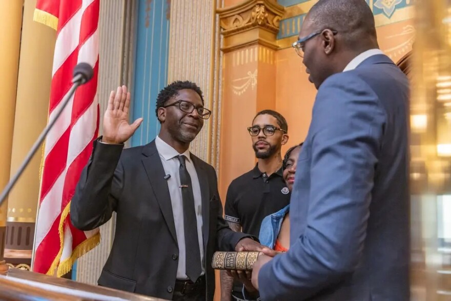 Lt. Gov. Garlin Gilchrist II swears in Chedrick Greene as the new State Senator for Michigan’s 35th Senate District.