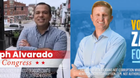 Screenshots of PAC ads supporting Democrat Zach Dembo and Republican Ralph Alvarado in central Kentucky's 6th Congressional District race.