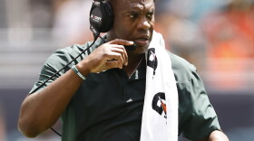 FILE - Michigan State head coach Mel Tucker walk on on the sideline during an NCAA college football game against Miami, Sept 18, 2021, in Miami Gardens, Fla. An appeal by former Michigan State head coach Tucker of findings in a sexual harassment case that led to his firing has been denied. (AP Photo/Michael Reaves, File)