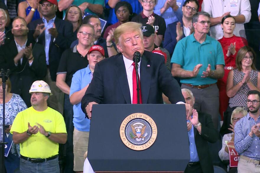 Donald Trump speaking at an Aug 30, 2018, campaign rally in Evansville, Ind. Last weekend, Trump spoke in an interview about his plans to deport people with criminal records and those who have entered the country illegally.