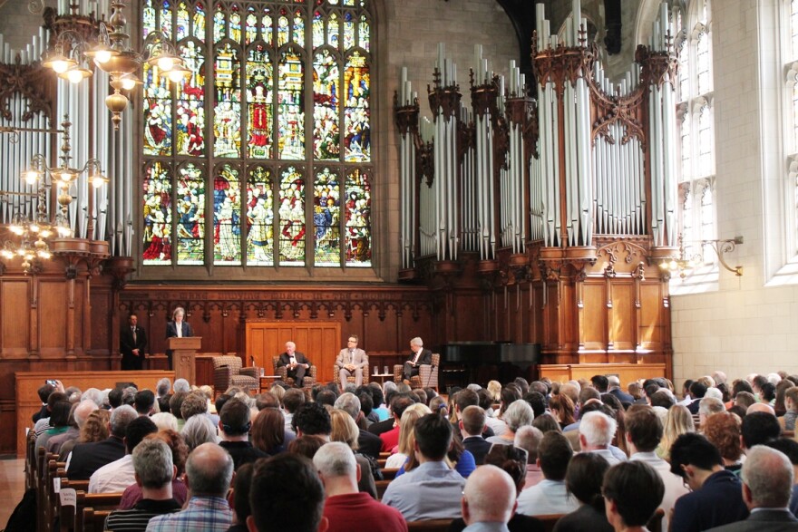 Students, faculty and guests listen to U.S. Supreme Court Justice John Paul Stevens at Graham Chapel on the campus of Washington University on April 25 2016