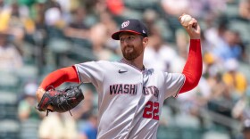 Washington Nationals pitcher Foster Griffin throws to the Athletics during the first inning of a baseball game Sunday, July 19, 2026, in West Sacramento, Calif.