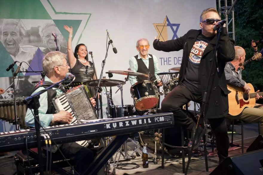Saul Dreier is on drums as the Holocaust Survivor Band plays another number.