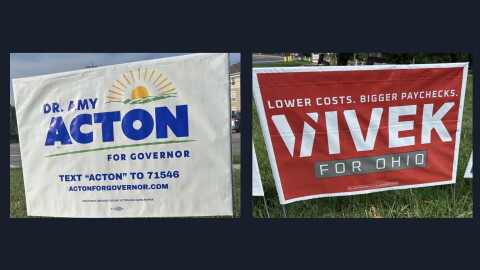 Yard signs advertise campaigns for Ohio Governor candidates Amy Acton (D) and Vivek Ramaswamy (R).