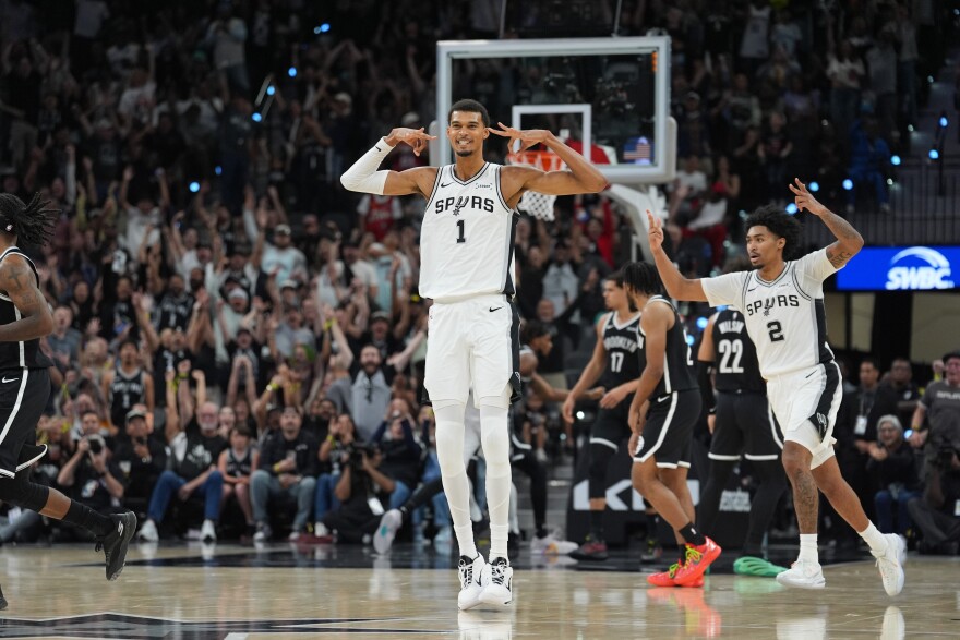 Victor Wembanyama celebrating during Sunday's game against the Brooklyn Nets