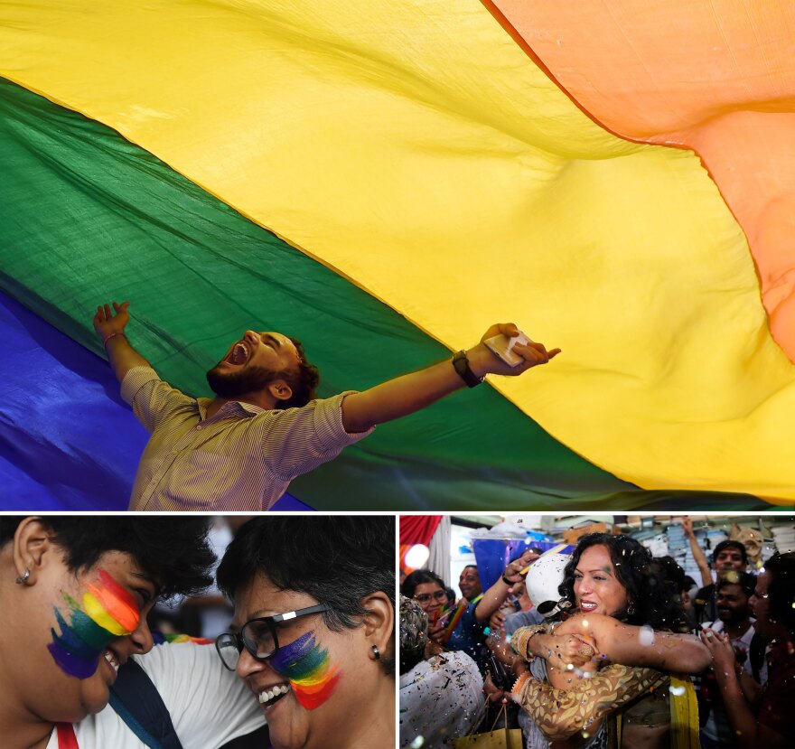 A man in Mumbai shouts with joy after learning of the descision. A lesbian couple in Kolkata embrace. Amid confetti, a Mumbai family settles into a hug.