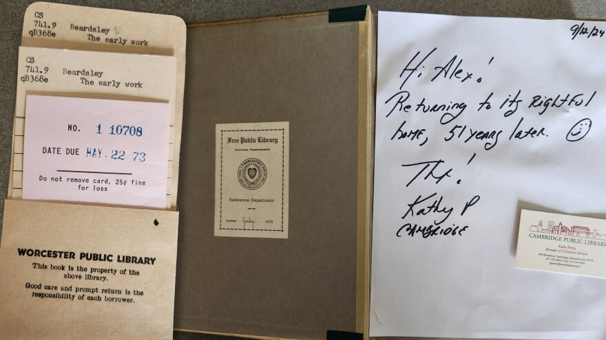 This photo collage shows the due date slip over the copy of "The Early Work of Aubrey Beardsley" that was returned to the Worcester Public Library last week.