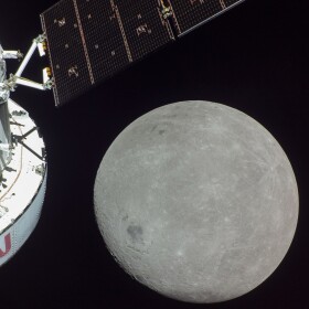 The right half of the image is of the gray moon in deep space. On the left, in the foreground, is a NASA spacecraft.