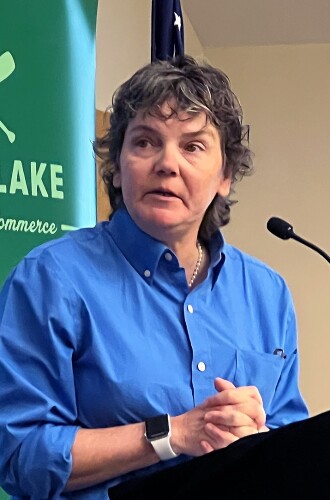 Senate District 6 DFL candidate Denise Slipy participates in a debate organized by the Brainerd Lakes Chamber of Commerce, Brainerd Dispatch and Brainerd Area League of Women Voters on April 22, 2025, at the Greater Lakes Association of Realtors building in Baxter.