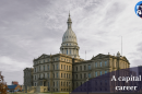 A photo of the state Capitol building, with a grey background. In the bottom right corner is a semi-opaque, semi-circle with the words "A capital career." In the top right corner is the It's Just Politics logo.