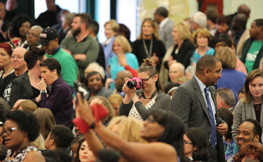 Crowd waits to hear President Obama speak in Flint, Michigan.