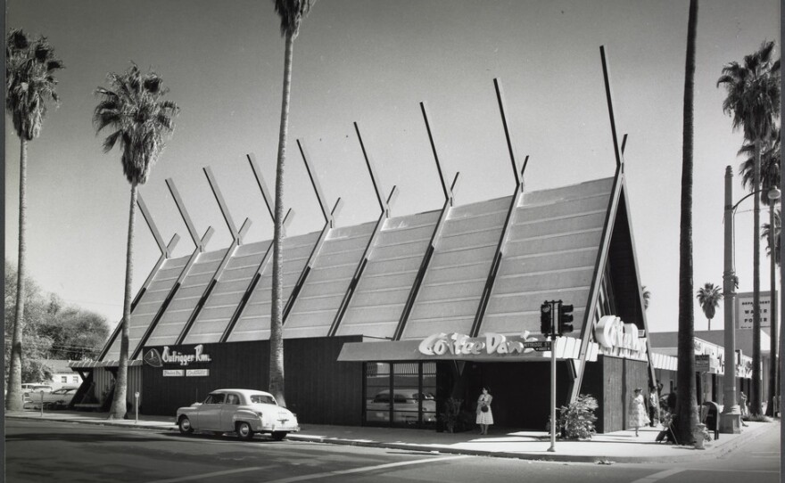 While best known for his residential architecture, Krisel also worked on commercial projects. He designed this Los Angeles building, home to Coffee Dan's Coffee Shop, shown in 1958.