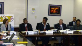 The task force meeting. (L tor R) Phoebe Zerwick, Lenwood Davis, Laura Gerald (chairwoman), Fetzer Mills, Demetrius Worley