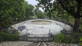 A view down at the stone stairs and seating area and then the empty pool and pool deck, covered in leaves and dirt