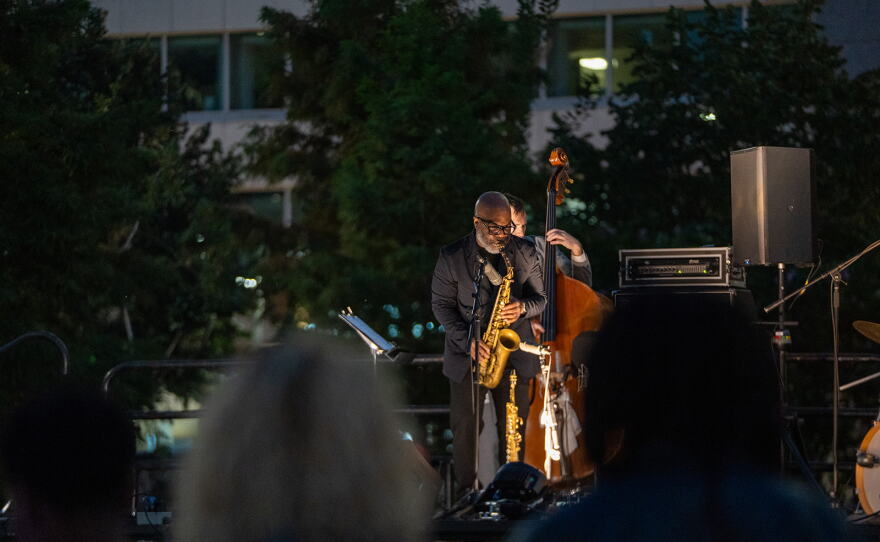 As night falls, the Jaleel Shaw Trio approach the end of their performance at A Love Park Supreme.