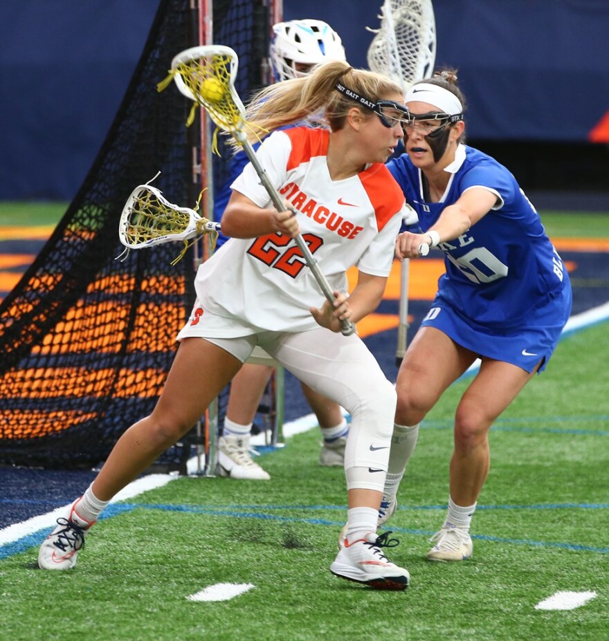 Megan Carney (white #22) looks to score withe her back to the goal in Syracuse's win over Duke