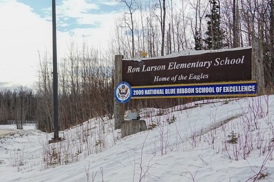 A sign near the entry of Larson Elementary School on Feb. 23, 2026.